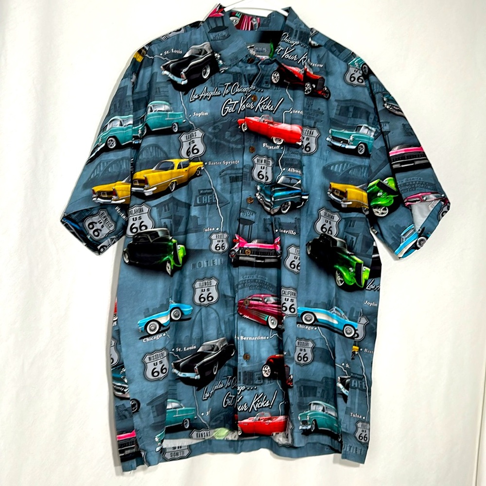Colorful Hawaiian Route 66 Classic Cars Button Shirt | Size: XL